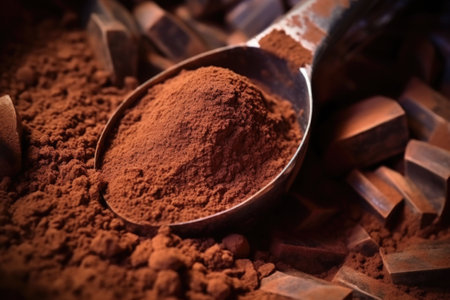 close up of cocoa powder in a metal scoop, created with generative aiの素材