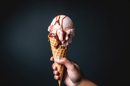 hand holding an ice cream cone dripping down the side, created with generative aiの素材