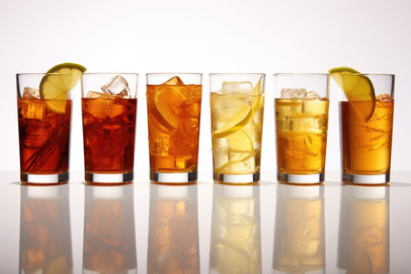 a variety of iced tea arrayed on a sleek reflective surface, created with generative aiの素材