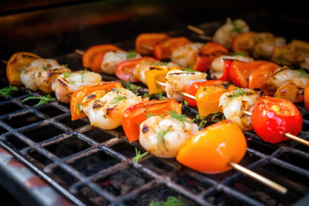 fresh shrimp skewered on wooden kebabs on grill rack, created with generative aiの素材