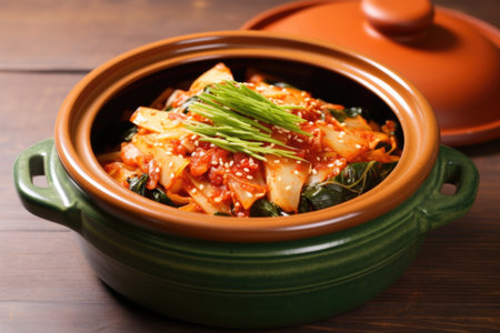 korean kimchi served in a red ceramic pot, created with generative aiの素材