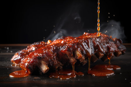 sticky ribs with pooled barbecue sauce and steam rising, created with generative aiの素材