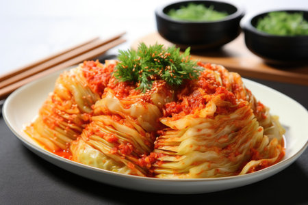 whole cabbage kimchi arranged on a plate for serving, created with generative aiの素材