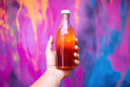 hand holding a bottle of kombucha against a colorful backdrop, created with generative aiの素材