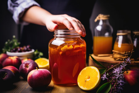 hand holding homemade kombucha with fresh fruits in background, created with generative aiの素材