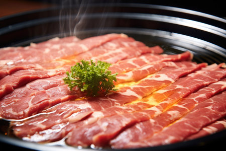 close-up of raw bulgogi beef being marinated in soy sauce, created with generative aiの素材