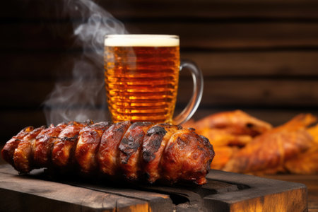 brimful lager pint on a wooden table, smoky sausages grilling in the background, created with generative aiの素材
