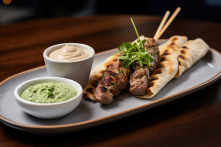 lamb skewer dish served with a dip and bread, created with generative aiの素材