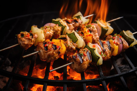 grilled skewer over open flame, top view, created with generative aiの素材
