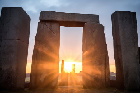 sunrise peeking through a megalithic monument, created with generative aiの素材