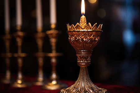 selective focus on the shamash candle of a lit menorah, created with generative aiの素材