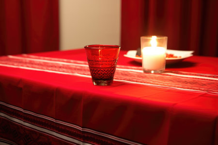lit kinara on a red tablecloth with a white border, created with generative aiの素材