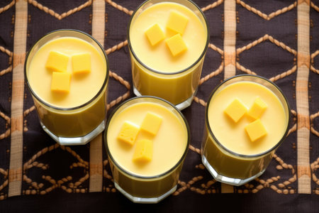trio of mango lassi in an arranged square pattern on a checkerboard, created with generative aiの素材