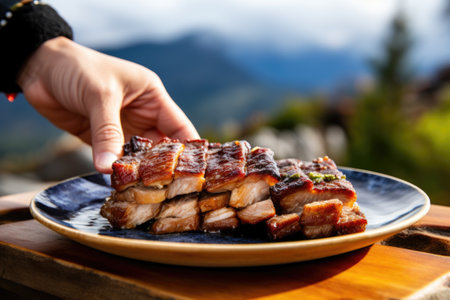 hand serving grilled pork belly on a ceramic plate, created with generative aiの素材