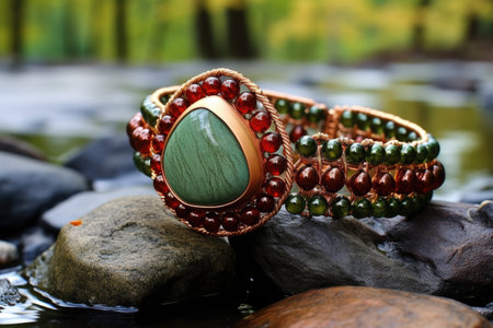 beaded bracelet on a river stone with water droplets, created with generative aiの素材