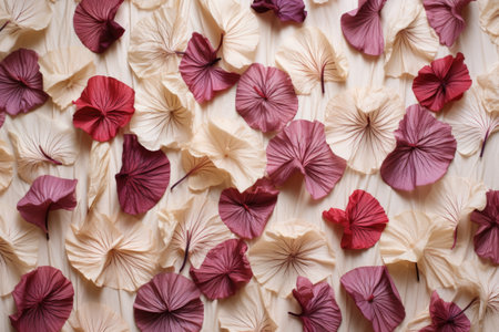 dry hibiscus petals arranged in a pattern on a pale textile, created with generative aiの素材