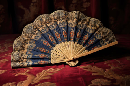 an open hand fan with intricate patterns lying on a satin cloth, created with generative aiの素材