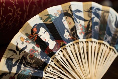 close-up of a hand fan with traditional oriental artwork, created with generative aiの素材
