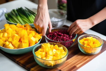 hand dicing mangoes to be added to an acai bowl, created with generative aiの素材