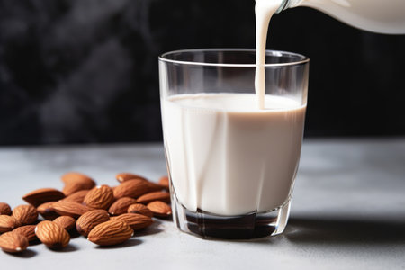 almond milk poured into a clear glass, created with generative aiの素材
