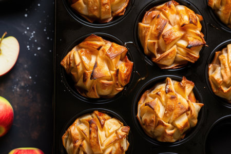 mini apple pies baked in muffin pan - front view, created with generative aiの素材