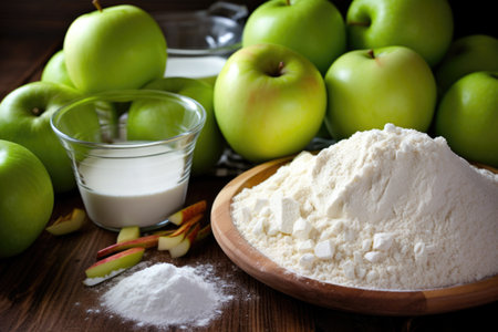 green apples, flour, and butter - raw ingredients for an apple pie, created with generative aiの素材