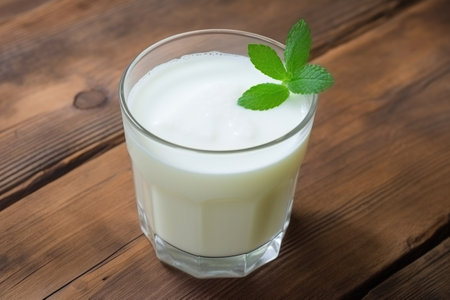 high angle view of a frosted glass of a refreshing drink on a wooden table, created with generative aiの素材