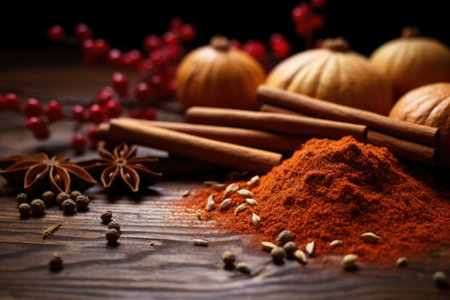 close-up of cinnamon, nutmeg, and autumn spices, created with generative aiの素材