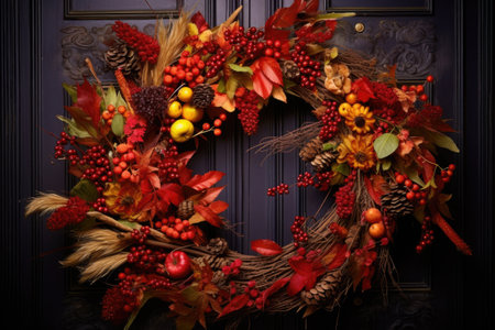 motley door wreath of autumn foliage and acorns, created with generative aiの素材