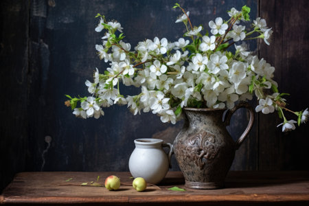 white apple blossoms in a rustic vase, created with generative aiの素材
