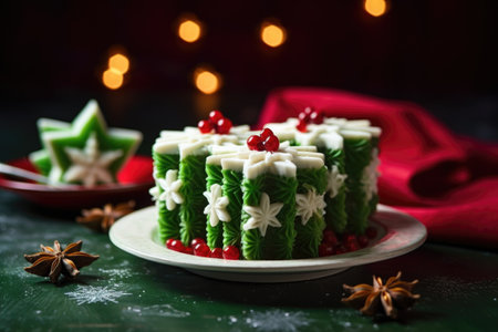 christmas cake with star-shaped decorations against a green background, created with generative aiの素材