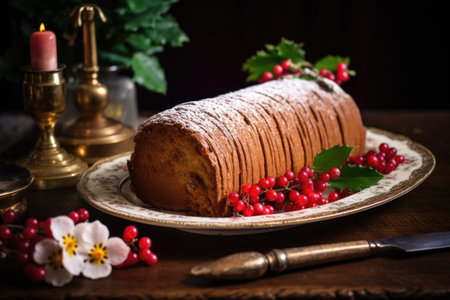 a traditional yule log cake playfully garnished with marzipan holly leaves, created with generative aiの素材