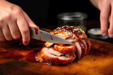 hand sliding a knife through a soft bun filled with barbecued pork, created with generative aiの素材