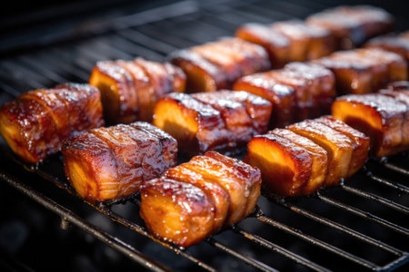 pork belly slices being grilled on a bbq rack, created with generative aiの素材