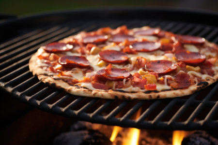 sizzling bbq pizza with pepperoni on charcoal grill, created with generative aiの素材