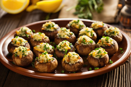 grilled stuffed mushrooms arranged on a ceramic dish, created with generative aiの素材