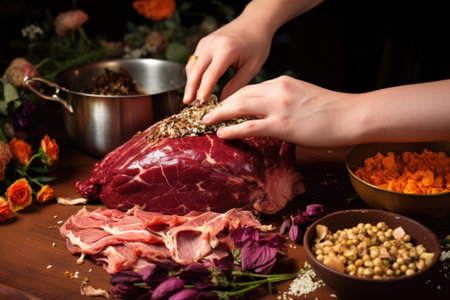 hand decorating beef roast with garlic cloves, created with generative aiの素材