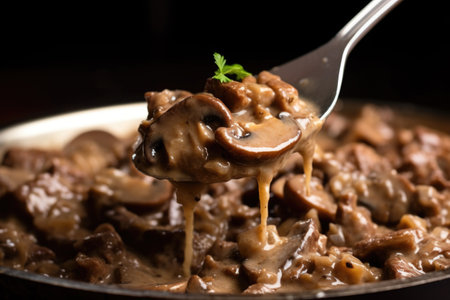 close-up shot of a spoonful of beef stroganoff showing the beef, mushrooms, and creamy gravy, created with generative aiの素材