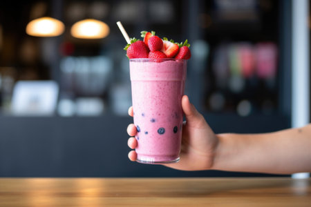 hand offering a glass of mixed berry smoothie to someone out of frame, created with generative aiの素材