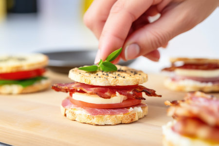 human hand adding bacon slice to an english muffin sandwich, created with generative aiの素材