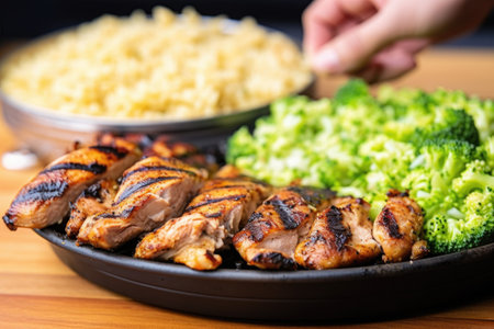 hand placing grilled chicken piece next to broccoli rice, created with generative aiの素材