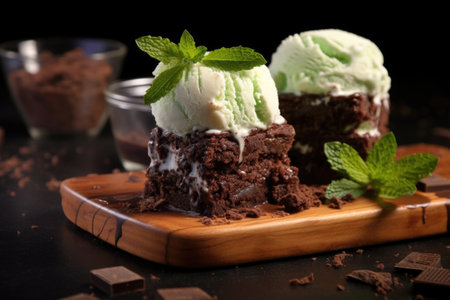 gourmet brownies with a scoop of mint ice cream on top, created with generative aiの素材