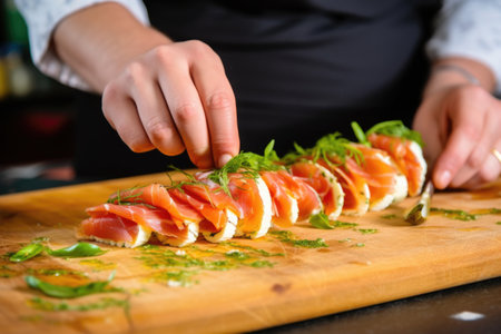 placing a pinwheel of smoked salmon on bruschetta, created with generative aiの素材