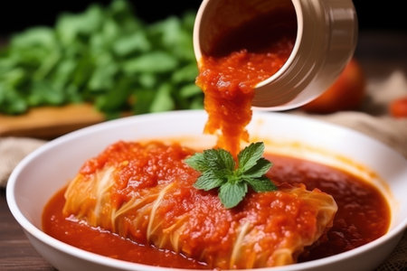 hand pouring tomato sauce onto freshly rolled cabbage, created with generative aiの素材