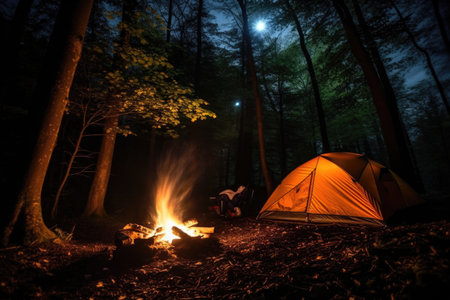 glowing tent with campfire in a dark forest, created with generative aiの素材