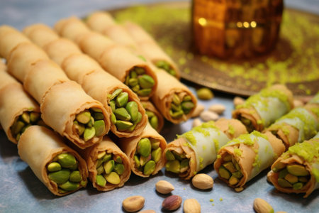 green pistachios and green cannoli filling side by side, created with generative aiの素材