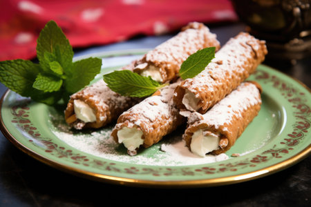 cannoli on a green plate with mint garnish, created with generative aiの素材