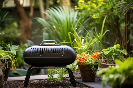 charcoal grill positioned by green garden plants, created with generative aiの素材