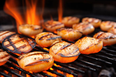 close-up of smoky sizzling scallops on a grill, created with generative aiの素材