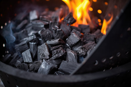 close-up of charcoals lit in a metal chimney starter, created with generative aiの素材